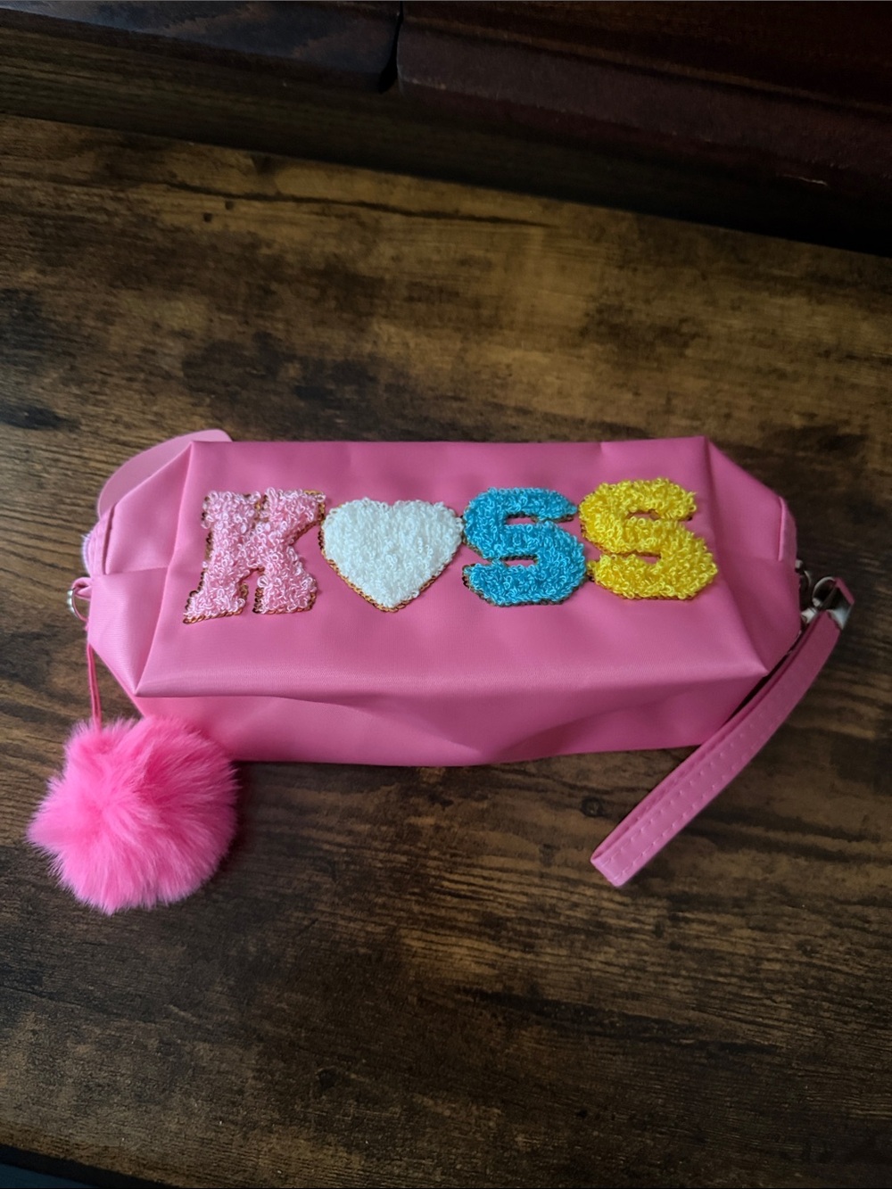 Kids Pink Pom Pom Pencil Case with Colorful Sparkle Letters